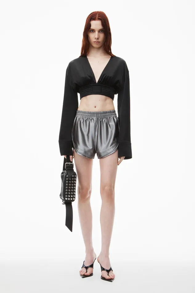 Tops and Shirts Women Alexander Wang Cropped VNeck Blouse In Satin Jersey