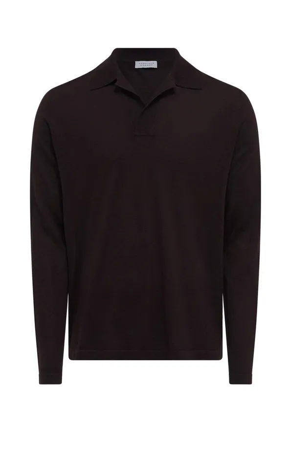 Tops Men Gabriela Hearst Frome Knit Long Sleeve Polo In Chocolate Cashmere