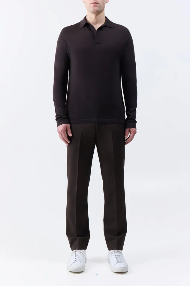 Tops Men Gabriela Hearst Frome Knit Long Sleeve Polo In Chocolate Cashmere