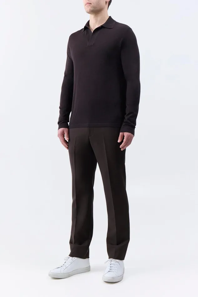 Tops Men Gabriela Hearst Frome Knit Long Sleeve Polo In Chocolate Cashmere
