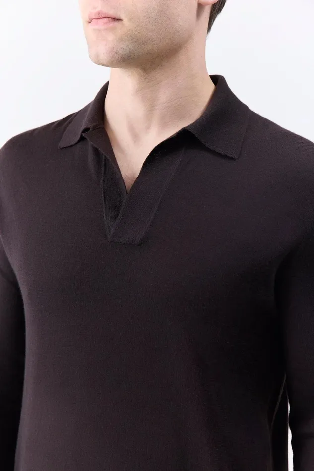 Tops Men Gabriela Hearst Frome Knit Long Sleeve Polo In Chocolate Cashmere