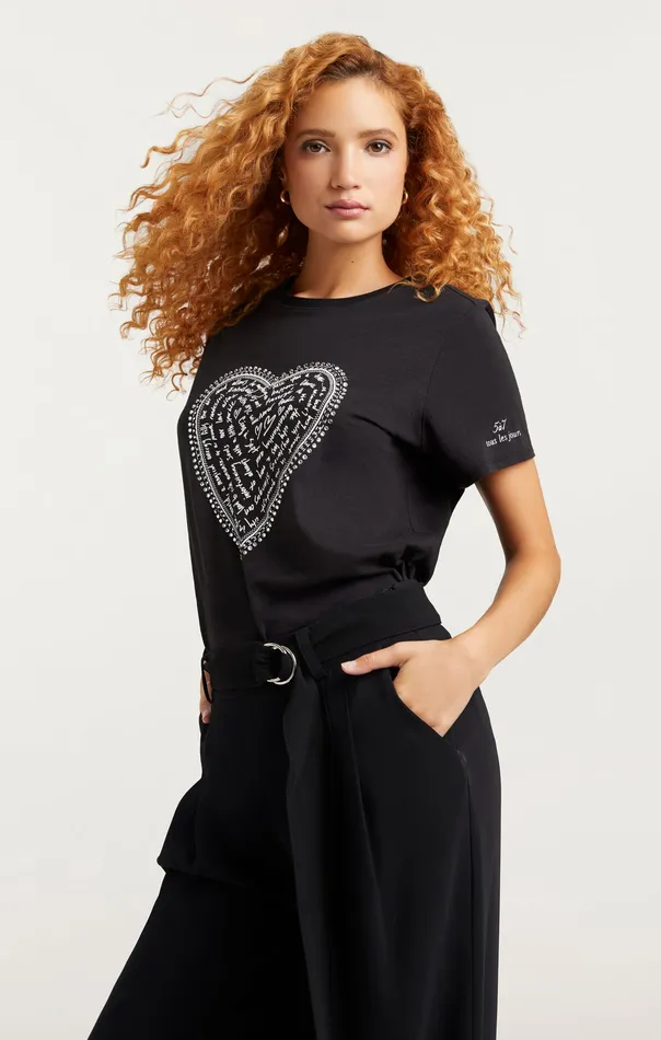 Tops Rhinestone Love Letter Heart Tee BlackWhite Cinq Sept Women