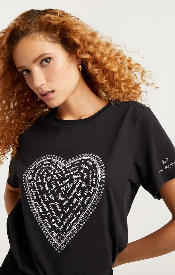 Tops Rhinestone Love Letter Heart Tee BlackWhite Cinq Sept Women
