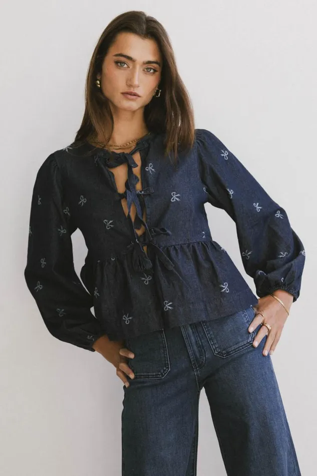 Tops Women Bohme Maggie Peplum Tie Blouse With Bow Detail Dark Wash