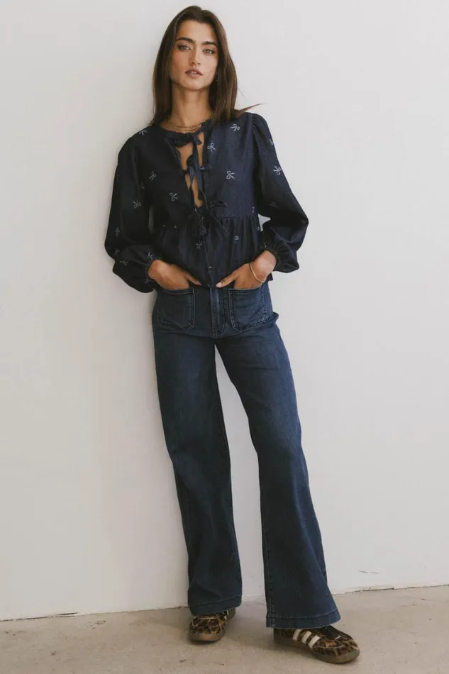 Tops Women Bohme Maggie Peplum Tie Blouse With Bow Detail Dark Wash