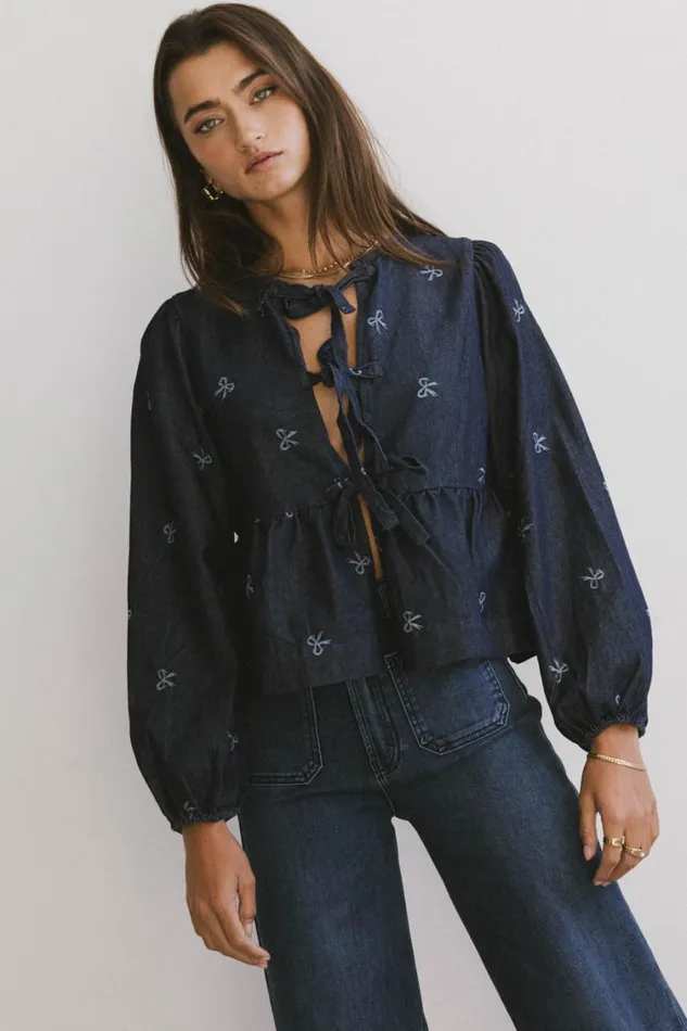 Tops Women Bohme Maggie Peplum Tie Blouse With Bow Detail Dark Wash