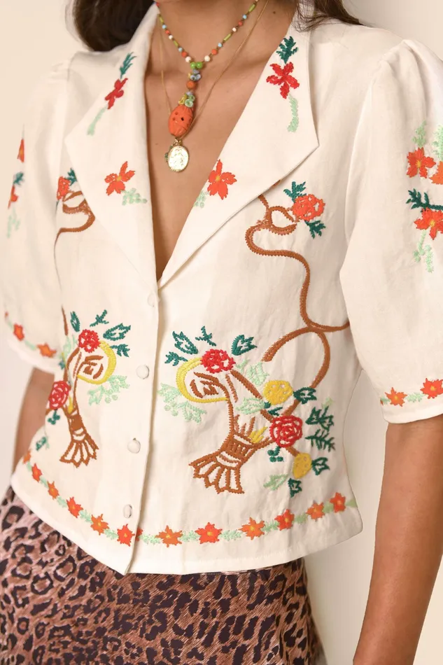 Tops Women RIXO Caterina Basket Embroidery Cream