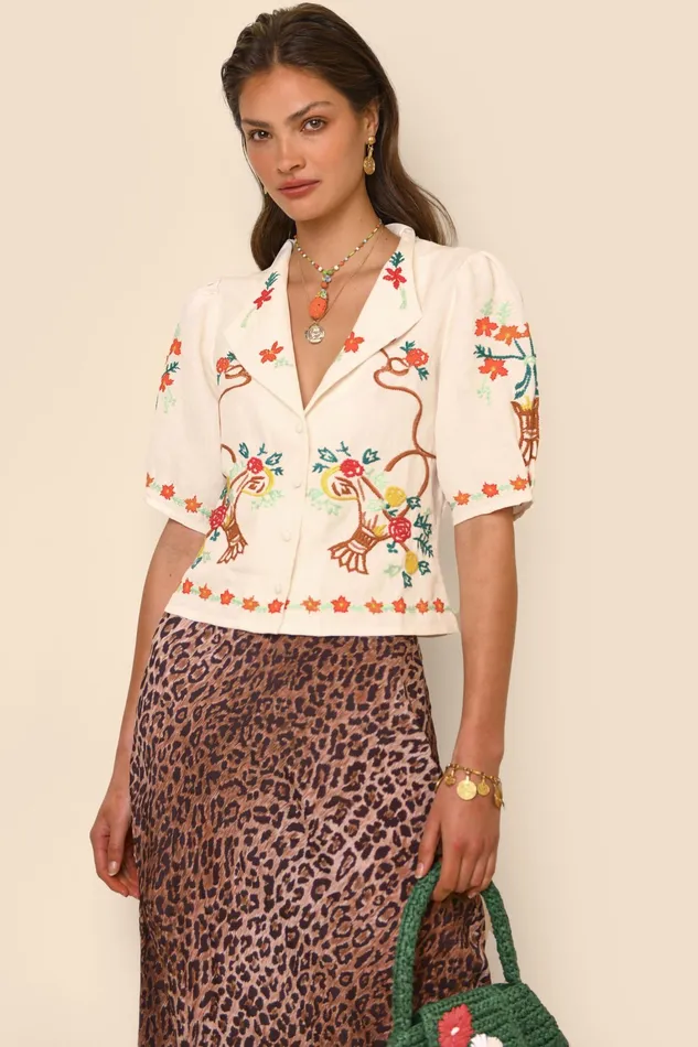 Tops Women RIXO Caterina Basket Embroidery Cream Tops Women RIXO Caterina Basket Embroidery Cream