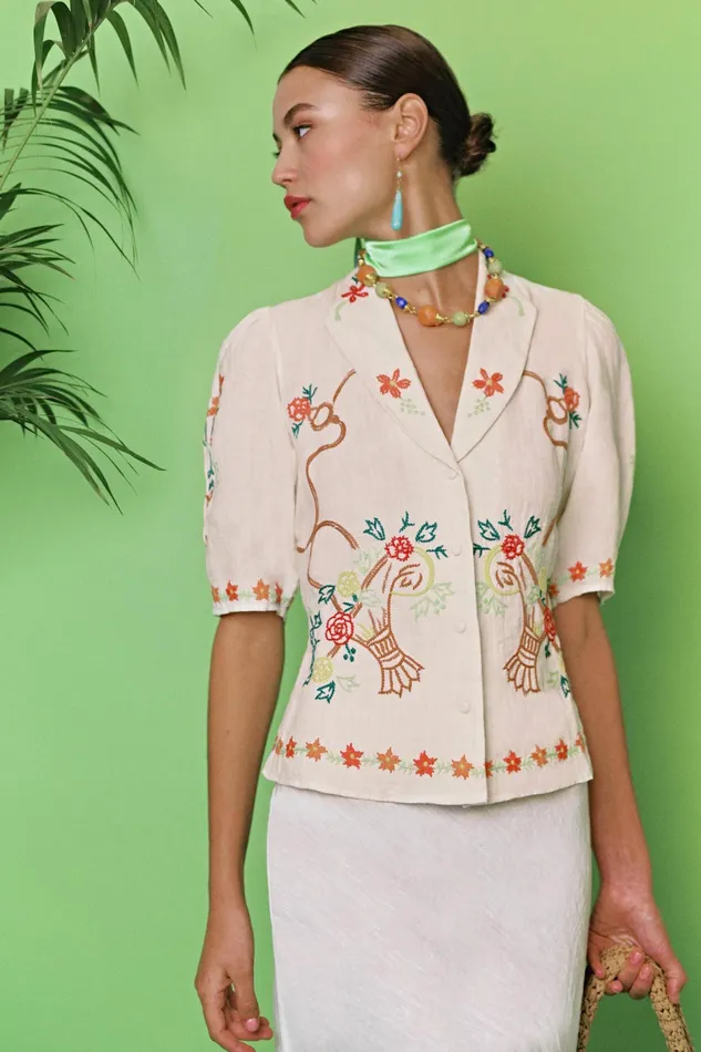 Tops Women RIXO Caterina Basket Embroidery Cream Tops Women RIXO Caterina Basket Embroidery Cream