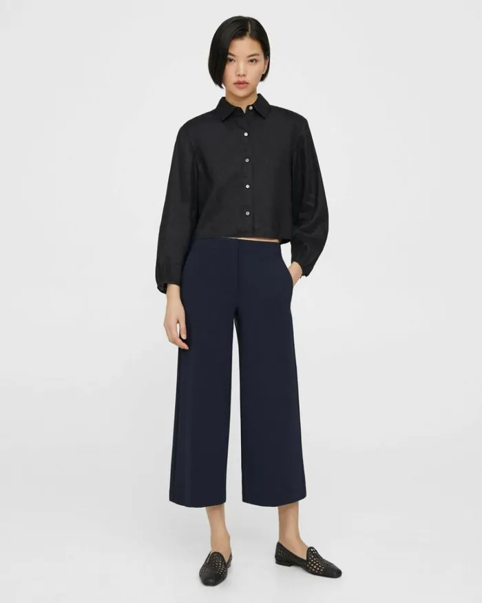 Tops Women Theory Pleated Shirt In Relaxed Linen Black Tops Women Theory Pleated Shirt In Relaxed Linen Black