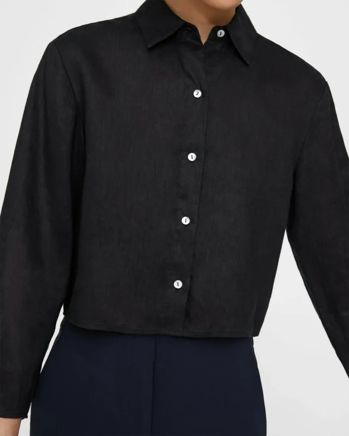 Tops Women Theory Pleated Shirt In Relaxed Linen Black Tops Women Theory Pleated Shirt In Relaxed Linen Black