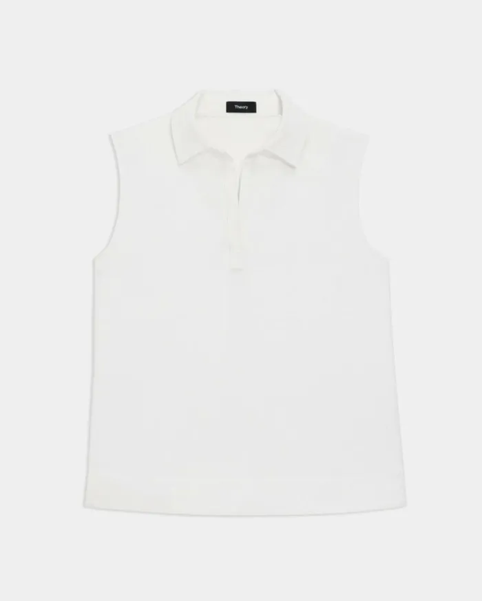 Tops Women Theory Sleeveless Polo Shell Top In Cotton Piqu White Tops Women Theory Sleeveless Polo Shell Top In Cotton Piqu White