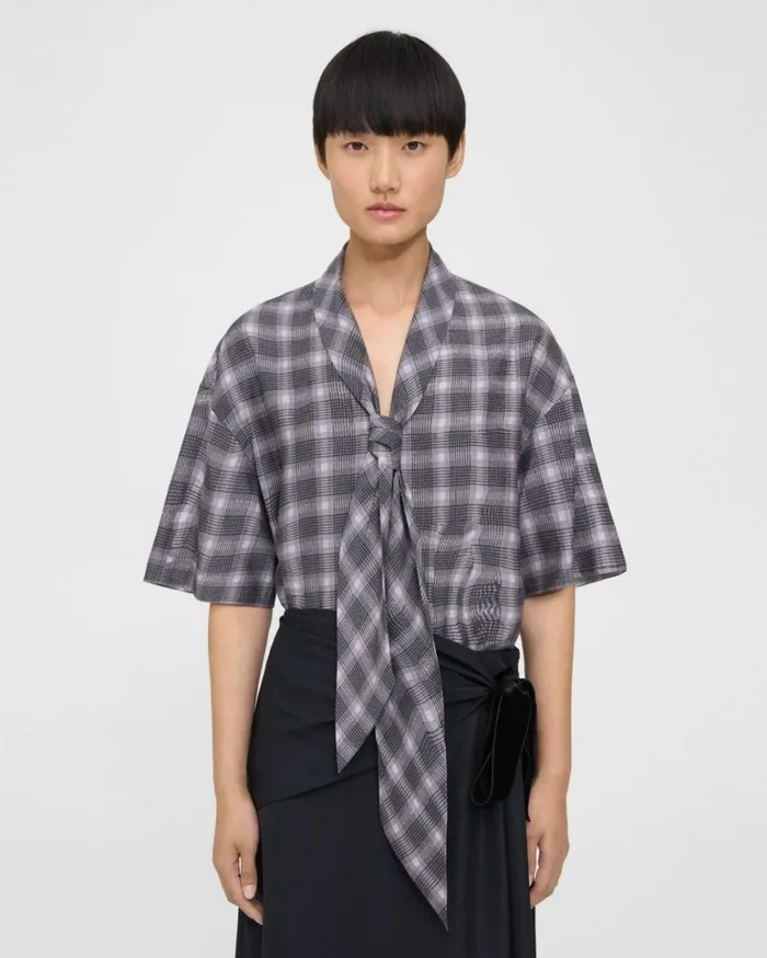 Tops Women Theory Wrinkle Check TieNeck Shirt Grey Multi