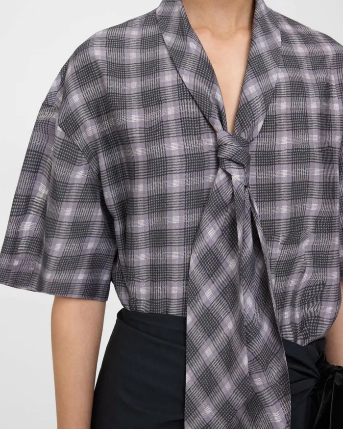 Tops Women Theory Wrinkle Check TieNeck Shirt Grey Multi Tops Women Theory Wrinkle Check TieNeck Shirt Grey Multi