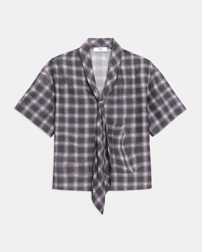Tops Women Theory Wrinkle Check TieNeck Shirt Grey Multi Tops Women Theory Wrinkle Check TieNeck Shirt Grey Multi