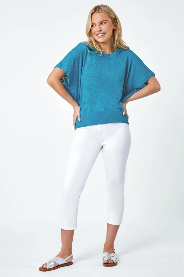 Turquoise Petite Cotton Blend Textured Knit Top Women Roman Tops