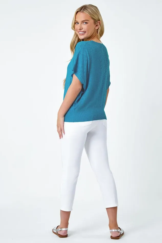 Turquoise Petite Cotton Blend Textured Knit Top Women Roman Tops