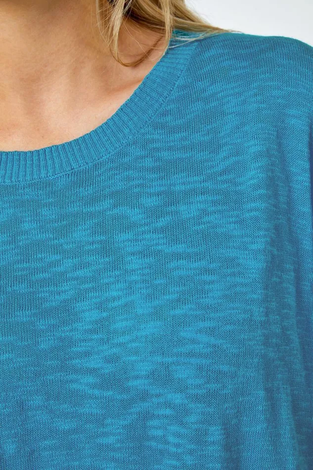 Turquoise Petite Cotton Blend Textured Knit Top Women Roman Tops
