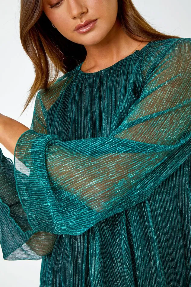 Turquoise Plisse Overlay Wide Sleeve Top Women Roman Tops