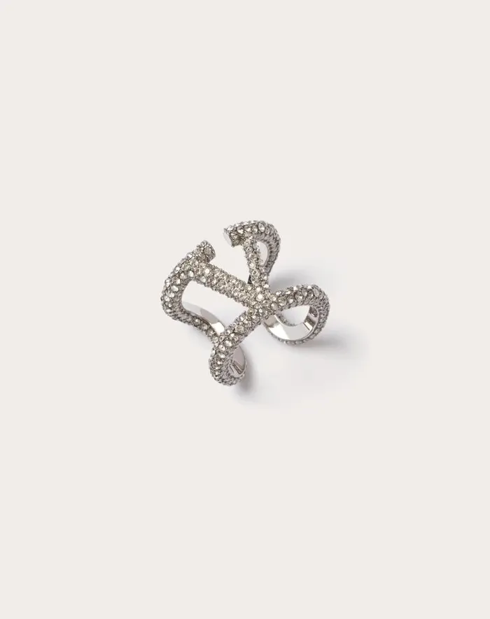 Valentino Jewelry Woman Vlogo Signature Ring In Metal And Swarovski Crystals For Woman In Palladium Palladium