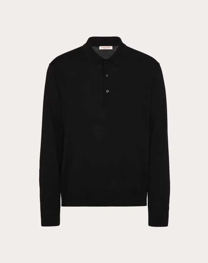 Valentino Knitwear Man Longsleeve Wool Polo Shirt With Vlogo Signature Embroidery For Man In Dark Grey Dark Grey Valentino Knitwear Man Longsleeve Wool Polo Shirt With Vlogo Signature Embroidery For Man In Dark Grey Dark Grey