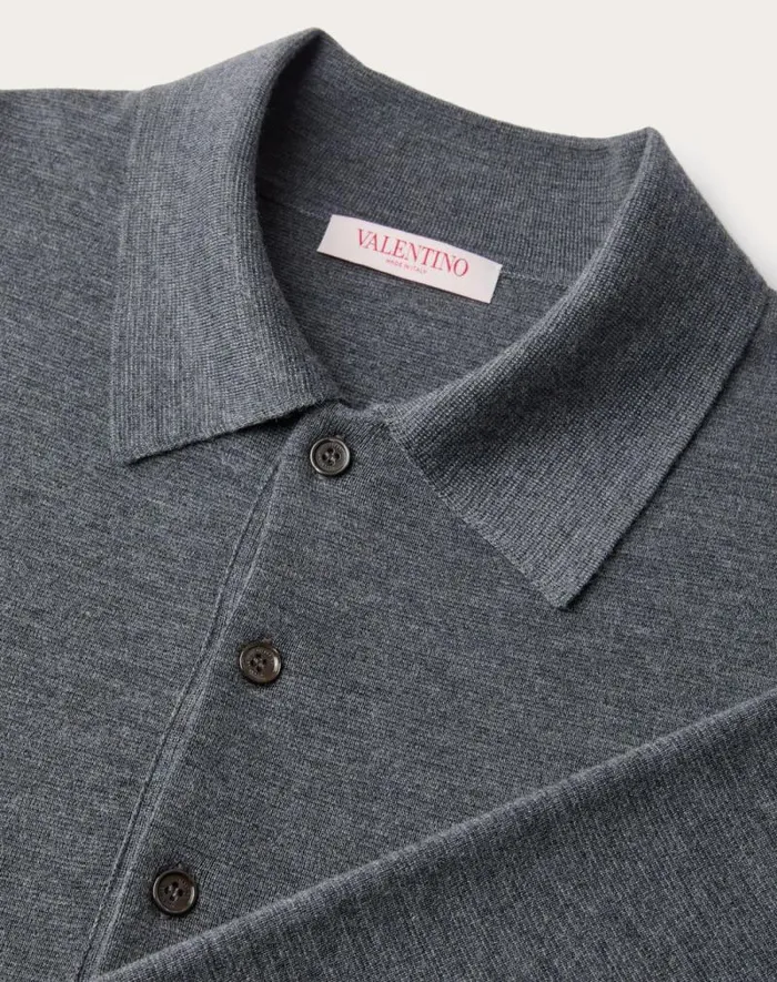 Valentino Knitwear Man Longsleeve Wool Polo Shirt With Vlogo Signature Embroidery For Man In Dark Grey Dark Grey Valentino Knitwear Man Longsleeve Wool Polo Shirt With Vlogo Signature Embroidery For Man In Dark Grey Dark Grey