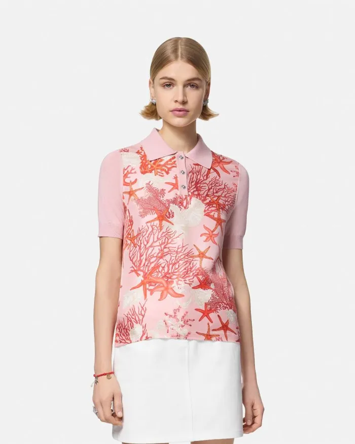 Versace Barocco Sea Knit Polo Shirt Pinkprint Women Knitwear Versace Barocco Sea Knit Polo Shirt Pinkprint Women Knitwear