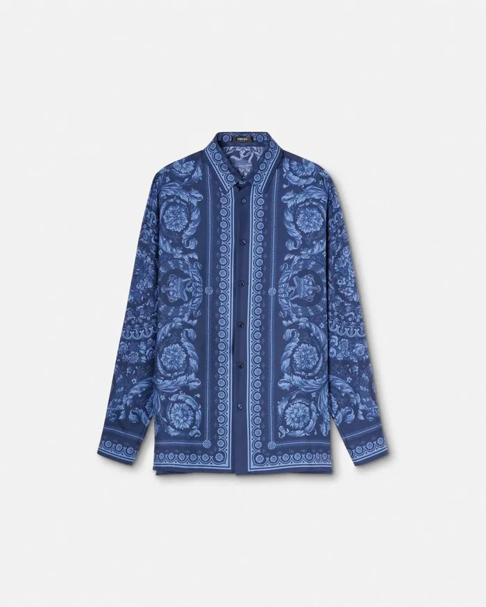 Versace Barocco Silk Shirt Blueprint Men Shirts