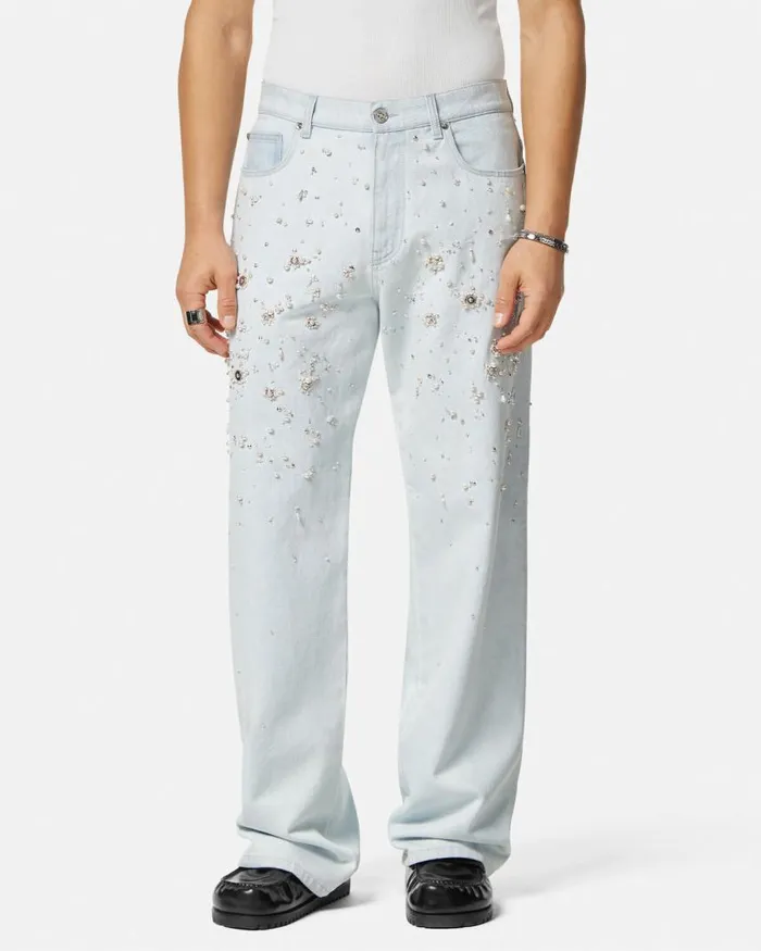 Versace Embellished Jeans Light Blue Men Pants and Shorts Versace Embellished Jeans Light Blue Men Pants and Shorts