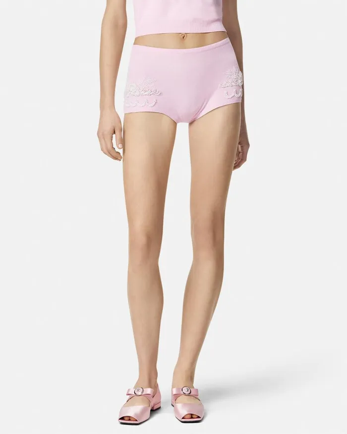 Versace Embroidered Cashmere Knit Shorts Light Pink Women Knitwear Versace Embroidered Cashmere Knit Shorts Light Pink Women Knitwear