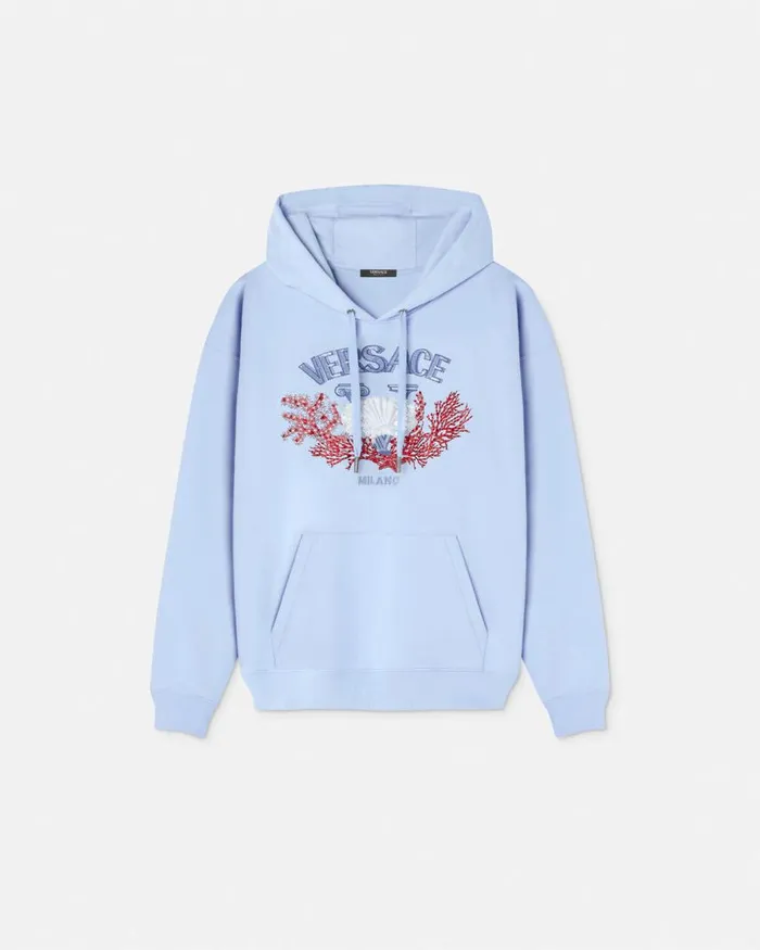 Versace Embroidered University Coral Hoodie Light Blue Men Sweatshirts