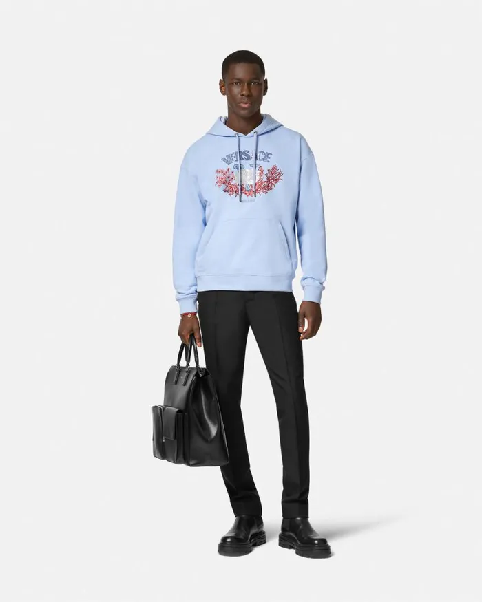 Versace Embroidered University Coral Hoodie Light Blue Men Sweatshirts Versace Embroidered University Coral Hoodie Light Blue Men Sweatshirts