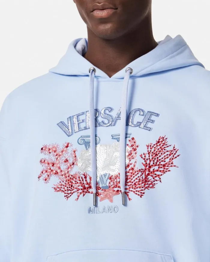 Versace Embroidered University Coral Hoodie Light Blue Men Sweatshirts Versace Embroidered University Coral Hoodie Light Blue Men Sweatshirts