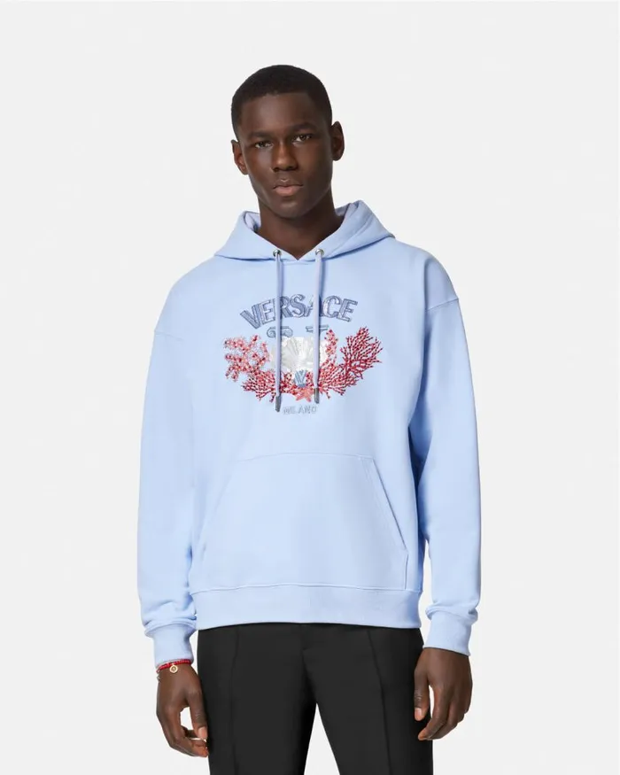 Versace Embroidered University Coral Hoodie Light Blue Men Sweatshirts Versace Embroidered University Coral Hoodie Light Blue Men Sweatshirts