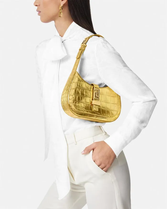 Versace Greca Goddess Metallic Small Hobo Bag Gold Women Shoulder and Crossbody Versace Greca Goddess Metallic Small Hobo Bag Gold Women Shoulder and Crossbody