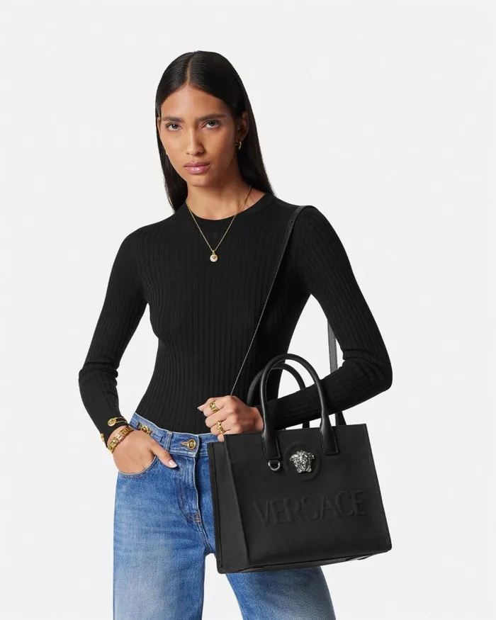 Versace La Medusa Canvas Small Tote Bag Blacksilver Women Totes Versace La Medusa Canvas Small Tote Bag Blacksilver Women Totes