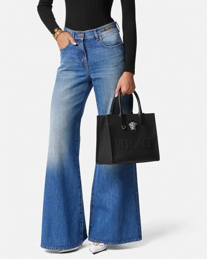 Versace La Medusa Canvas Small Tote Bag Blacksilver Women Totes Versace La Medusa Canvas Small Tote Bag Blacksilver Women Totes