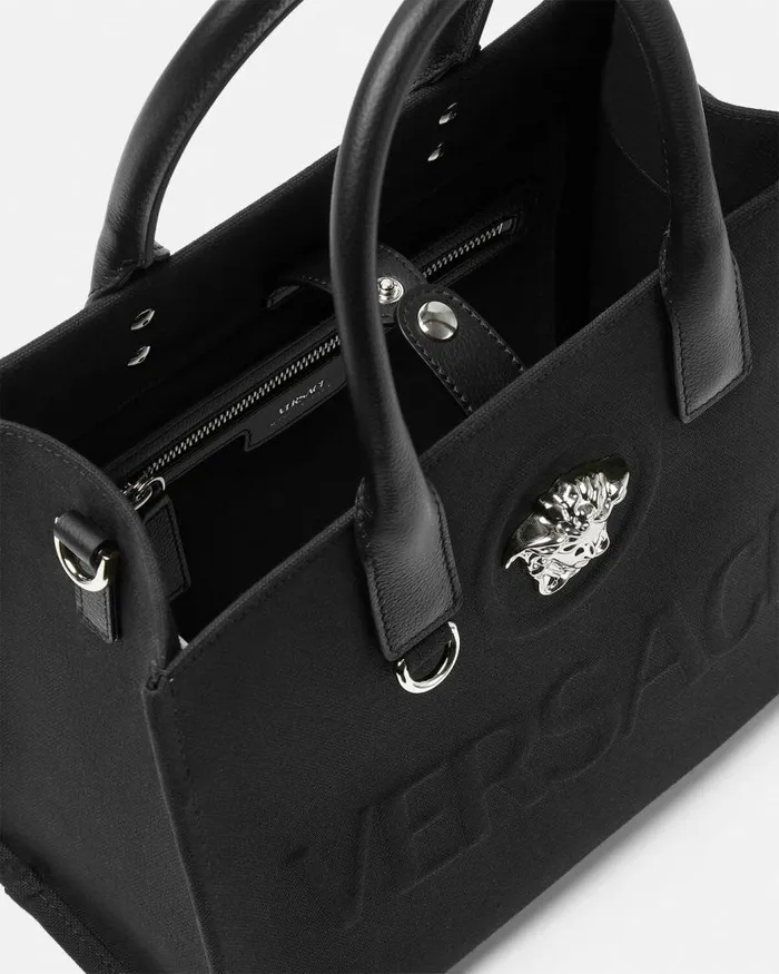 Versace La Medusa Canvas Small Tote Bag Blacksilver Women Totes Versace La Medusa Canvas Small Tote Bag Blacksilver Women Totes