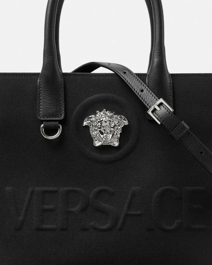 Versace La Medusa Canvas Small Tote Bag Blacksilver Women Totes Versace La Medusa Canvas Small Tote Bag Blacksilver Women Totes