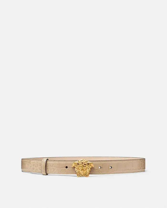Versace La Medusa CrocEffect Leather Belt 3 Cm Beige Women Belts