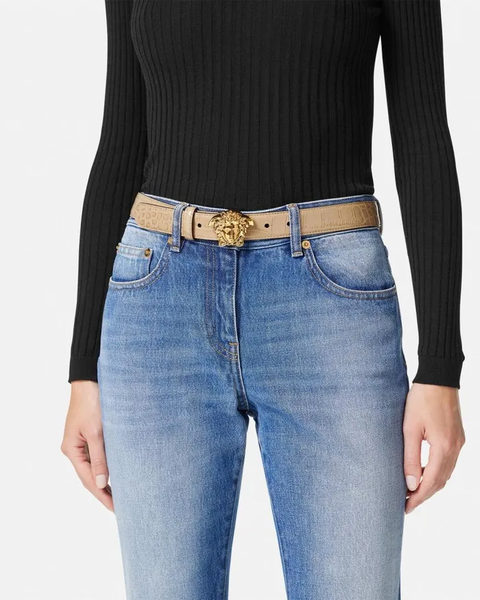 Versace La Medusa CrocEffect Leather Belt 3 Cm Beige Women Belts Versace La Medusa CrocEffect Leather Belt 3 Cm Beige Women Belts