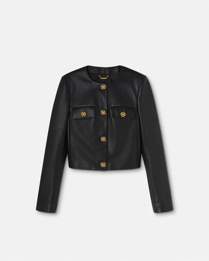 Versace Leather Cardigan Jacket Black Women Outerwear and Coats