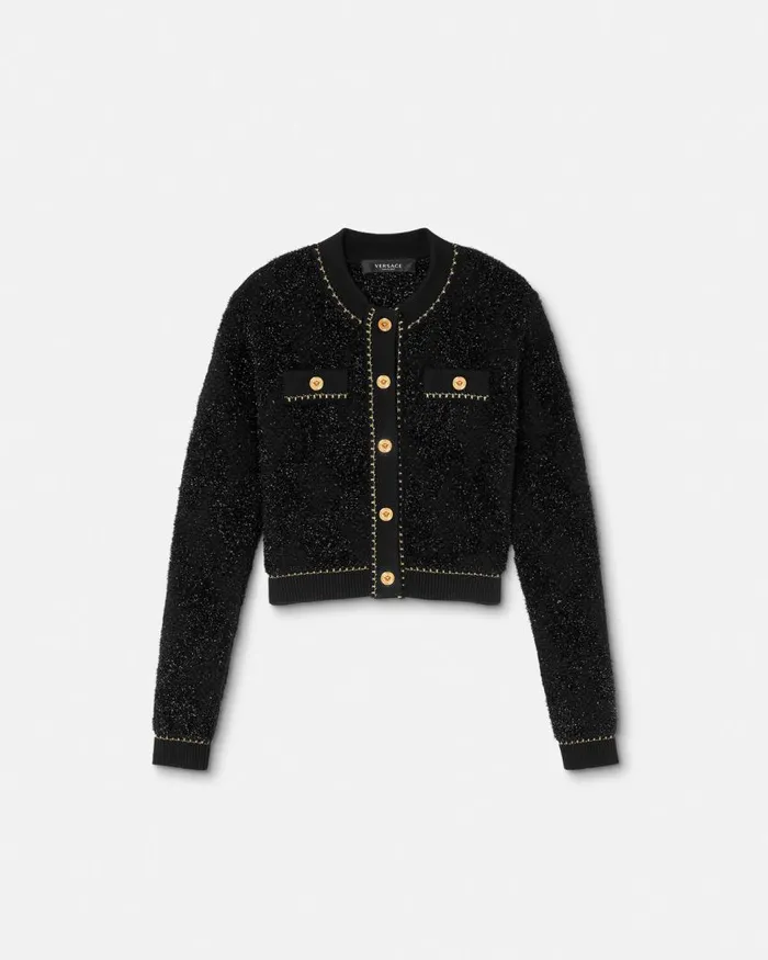 Versace Lurex Tweed Cardigan Black Women Knitwear