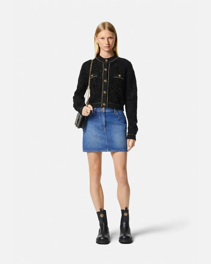 Versace Lurex Tweed Cardigan Black Women Knitwear Versace Lurex Tweed Cardigan Black Women Knitwear