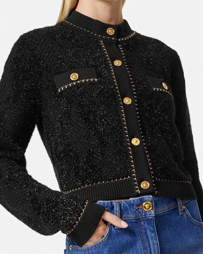 Versace Lurex Tweed Cardigan Black Women Knitwear Versace Lurex Tweed Cardigan Black Women Knitwear