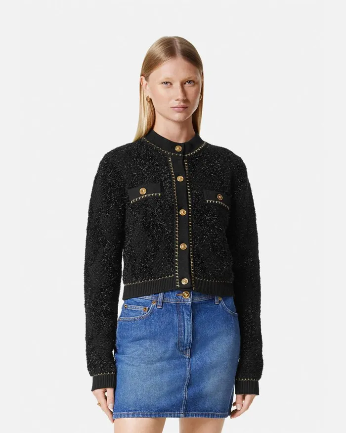 Versace Lurex Tweed Cardigan Black Women Knitwear Versace Lurex Tweed Cardigan Black Women Knitwear