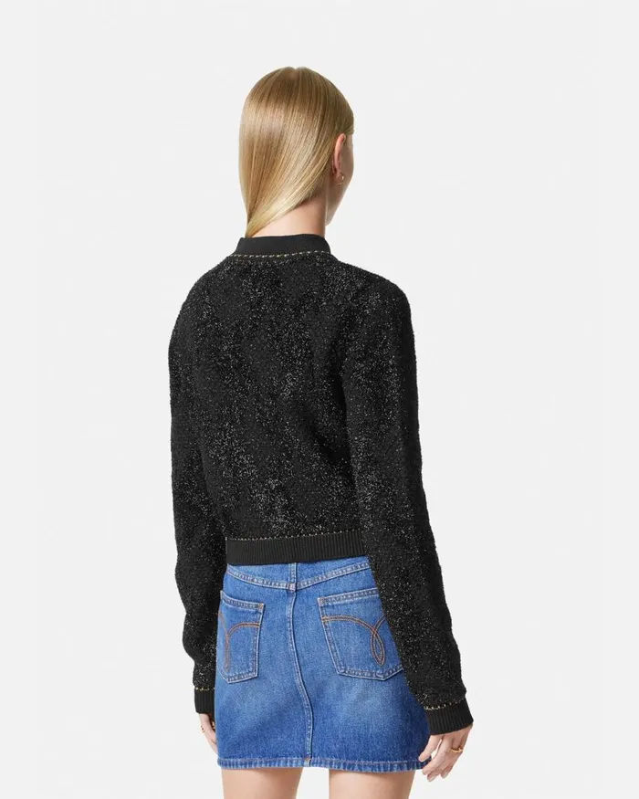 Versace Lurex Tweed Cardigan Black Women Knitwear Versace Lurex Tweed Cardigan Black Women Knitwear