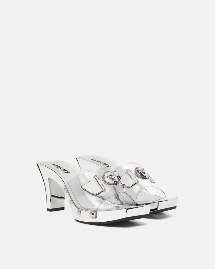 Versace Medusa Buckle Transparent Clogs 60 Mm Silver Women Sandals Versace Medusa Buckle Transparent Clogs 60 Mm Silver Women Sandals