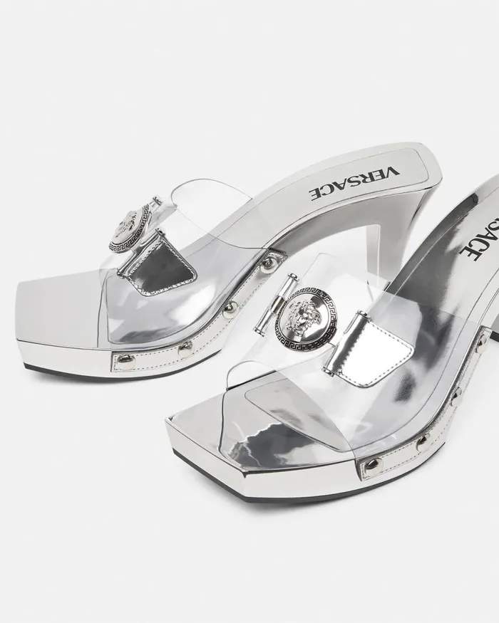 Versace Medusa Buckle Transparent Clogs 60 Mm Silver Women Sandals Versace Medusa Buckle Transparent Clogs 60 Mm Silver Women Sandals