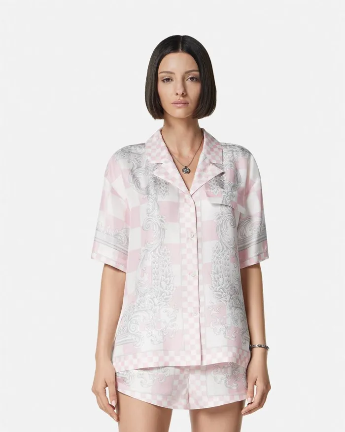Versace Medusa Contrasto Silk Shirt Pinkprint Women Shirts and Tops Versace Medusa Contrasto Silk Shirt Pinkprint Women Shirts and Tops